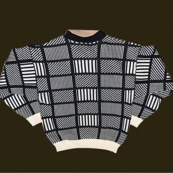 vintage 80s 90s eaton knit sweater stripe checkered patchwork‎ nylon wool blend - Picture 2 of 8